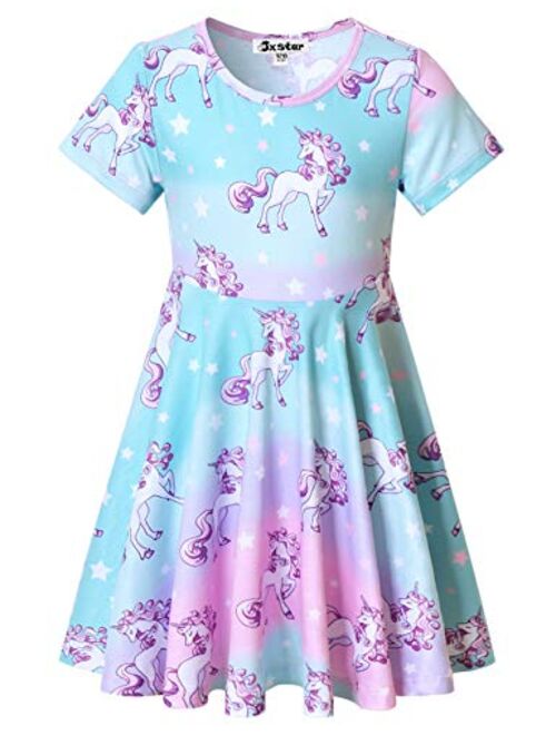 Jxstar Unicorn Dresses for Girls Summer Swing Short Sleeve Casual Clothes for Kids