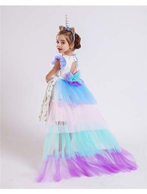 JiaDuo Girls Unicorn Costume Princess Party Dress with Rainbow Tutu Train & Headband