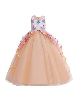 IZKIZF Girls Unicorn Rainbow Princess Birthday Party Carnival Cosplay Dress Up Costume Long Maxi Tulle Evening Gown