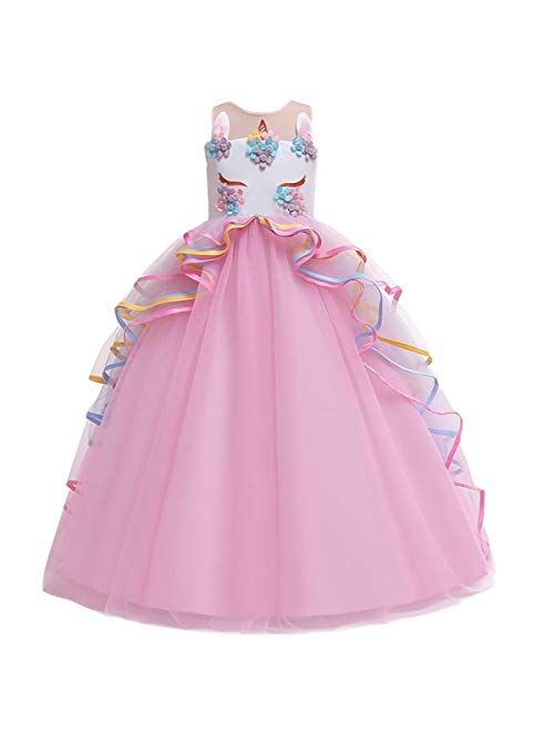 IZKIZF Girls Unicorn Rainbow Princess Birthday Party Carnival Cosplay Dress Up Costume Long Maxi Tulle Evening Gown