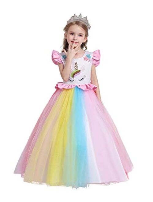 IZKIZF Girls Unicorn Rainbow Princess Birthday Party Carnival Cosplay Dress Up Costume Long Maxi Tulle Evening Gown