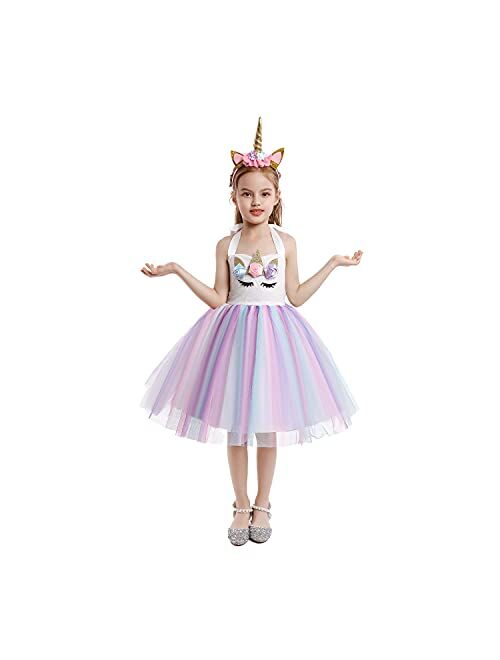 Sequin Unicorn Dress for Girls Princess Unicorn Costume Toddler Birthday Party Rainbow Tutu Dress Up Clothes with Headband