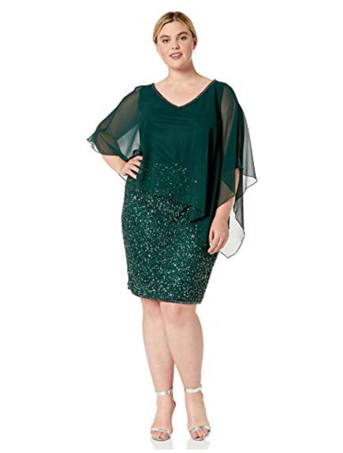 J Kara Women's Plus Size Caplet Short Cocktail Beaded Dress