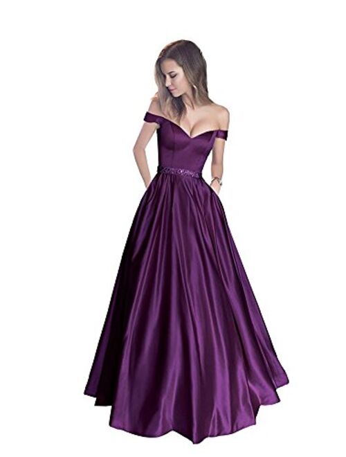 Annadress Prom Dress Long Bridesmaid Dresses Satin Beaded Homecoming Dresses Evening Dresses With Pocket 2018 For Women