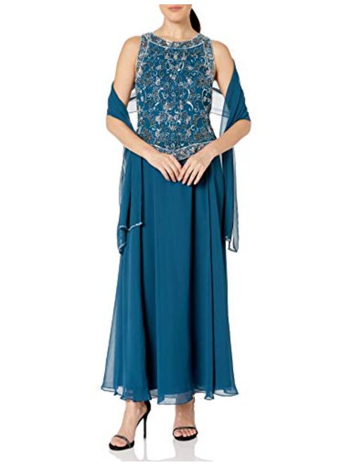 J Kara Women's Petite Long Beaded V Trim Detail Dress with Scarf