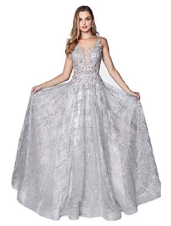 Meier Women's Glitter Tulle Double V-Neck A-Line Prom Formal Gown