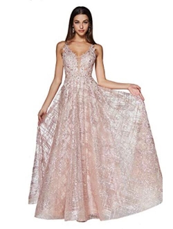 Meier Women's Glitter Tulle Double V-Neck A-Line Prom Formal Gown