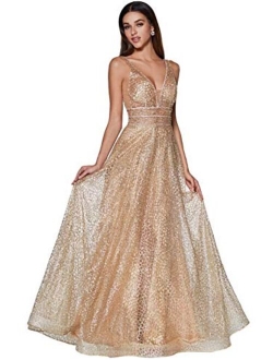 Meier Women's Glitter Tulle Double V-Neck A-Line Prom Formal Gown