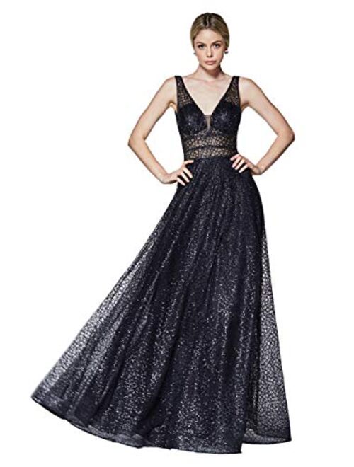 Meier Women's Glitter Tulle Double V-Neck A-Line Prom Formal Gown