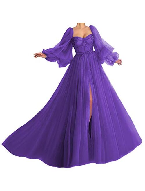 Marsen Puffy Sleeve Prom Dress Long Sweetheart Tulle Ball Gown