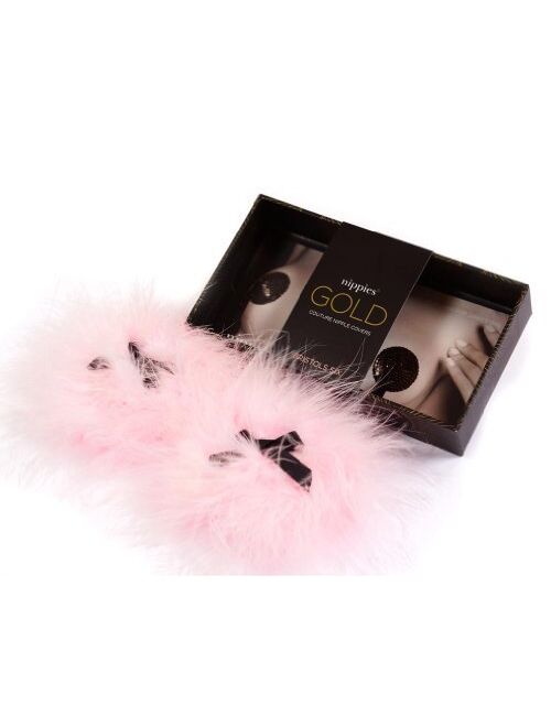 Nippies Gold Pasties Burlesque Nipple Tassels with Reusable Adhesive-Pink Feather