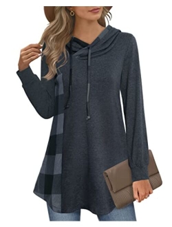 Messic Women's Funnel Neck Check Contrast Tunics Lightweight Pullover Hoodie Top