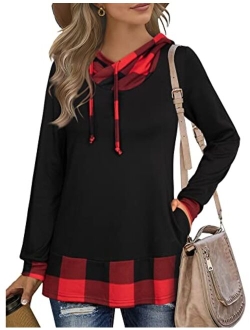 Messic Women's Funnel Neck Check Contrast Tunics Lightweight Pullover Hoodie Top