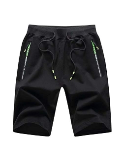 Men's Casual Shorts Elastic Waist Comfy Workout Shorts Drawstring with Zipper Pockets