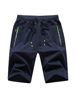 Men's Casual Shorts Elastic Waist Comfy Workout Shorts Drawstring with Zipper Pockets