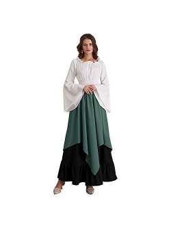 Women's Medieval Dress Retro Renaissance Costumes Irish Trumpet Sleeve Round Neck Peasant Long Gown