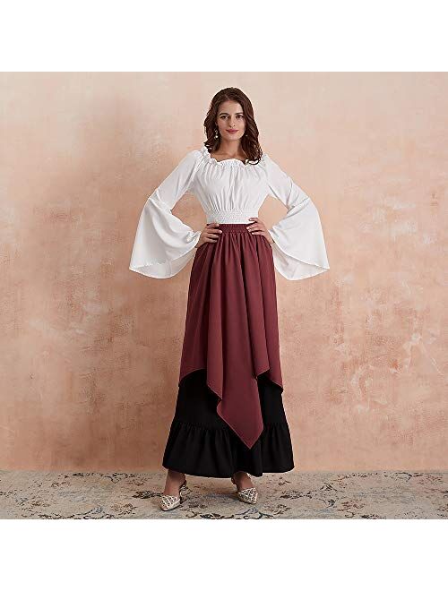 Abaowedding Women's Medieval Dress Retro Renaissance Costumes Irish Trumpet Sleeve Round Neck Peasant Long Gown