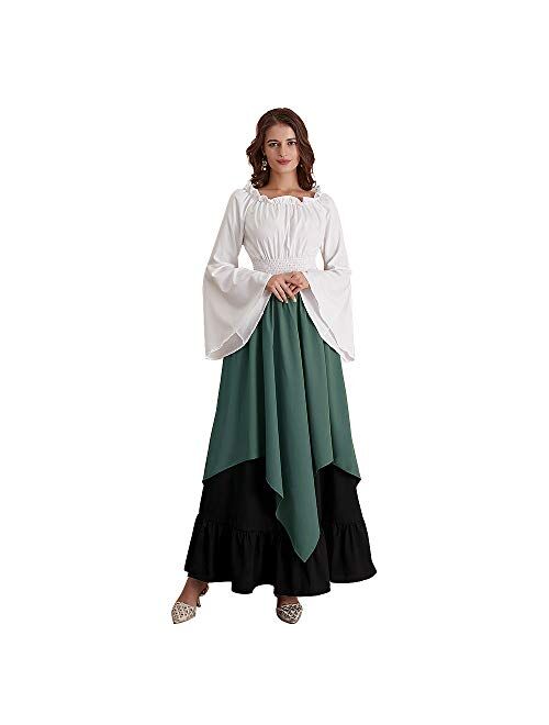 Abaowedding Women's Medieval Dress Retro Renaissance Costumes Irish Trumpet Sleeve Round Neck Peasant Long Gown