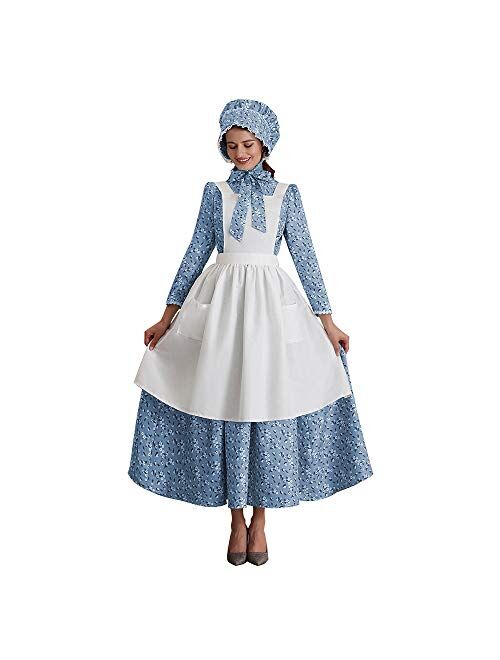 Abaowedding Womens American Pioneer Costume Dress Historical Modest Prairie Colonial Floral Dress