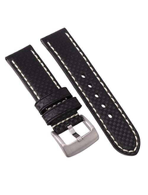 26mm Carbon Fiber Leather Strap Black Thick Watch Band White Hand String Thread Brush Buckle for Invicta