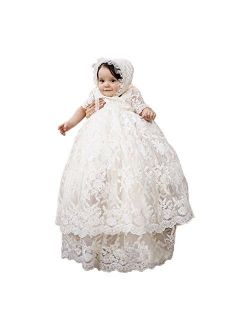 Baby Long Ivory Christening Gown Lace Baptism Dress with Bonnet