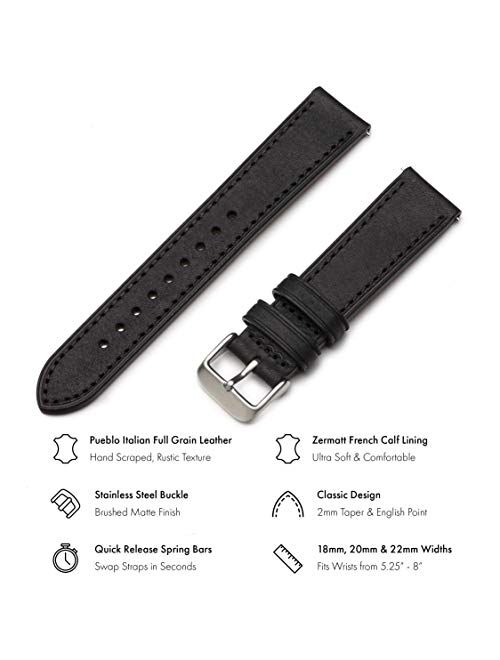 Benchmark Basics Quick Release Leather Watch Band - Premium Italian Full Grain Leather Watch Straps for Men and Women - Choice of Color and Width - 18mm, 20mm, 22mm