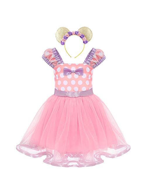 IBTOM CASTLE Girls' Polka Dots Princess Party Cosplay Pageant Fancy Costume Tutu Birthday Dress up+Ears Headband