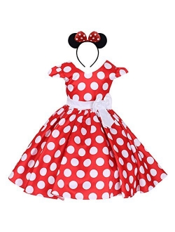 Girls Cap Sleeves Skirt Polka Dot Dress Flower Wedding Pageant Brithday Gown Pageant 3D Bowknot Ears Headband