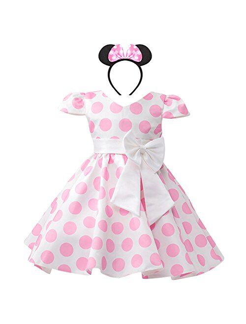 IBTOM CASTLE Girls Cap Sleeves Skirt Polka Dot Dress Flower Wedding Pageant Brithday Gown Pageant 3D Bowknot Ears Headband