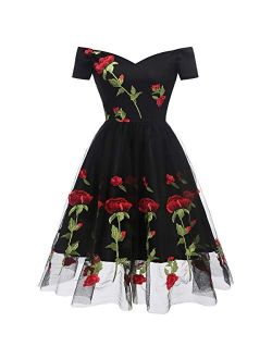 Women Vintage 1950s Embroidered Off Shoulder 3/4 Sleeves Flower Rose Wedding Cocktail Party Swing Gatsby Evening Short Gown