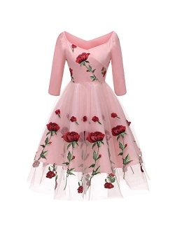 Women Vintage 1950s Embroidered Off Shoulder 3/4 Sleeves Flower Rose Wedding Cocktail Party Swing Gatsby Evening Short Gown