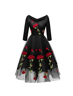 Women Vintage 1950s Embroidered Off Shoulder 3/4 Sleeves Flower Rose Wedding Cocktail Party Swing Gatsby Evening Short Gown