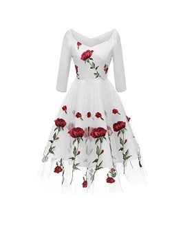 Women Vintage 1950s Embroidered Off Shoulder 3/4 Sleeves Flower Rose Wedding Cocktail Party Swing Gatsby Evening Short Gown