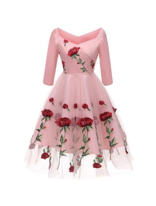 IBTOM CASTLE Women Vintage 1950s Embroidered Off Shoulder 3/4 Sleeves Flower Rose Wedding Cocktail Party Swing Gatsby Evening Short Gown