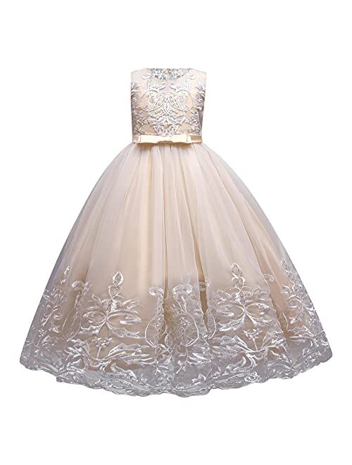 IBTOM CASTLE Girls Long Communion Princess Dresses Flower Pageant Party Wedding Floor Length Dance Evening Gowns