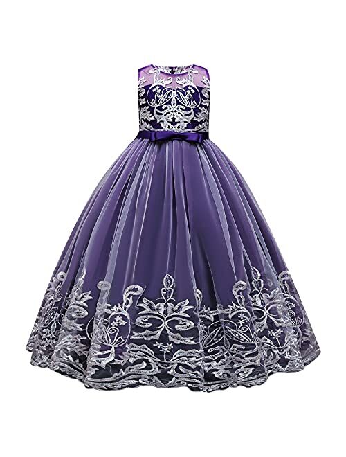 IBTOM CASTLE Girls Long Communion Princess Dresses Flower Pageant Party Wedding Floor Length Dance Evening Gowns