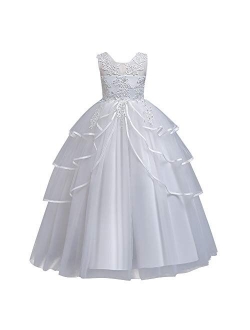 Flowers Girls Tulle Lace Wedding Party Dress for Kids Communion Formal Birthday Princess Pageant Prom Maxi Gown