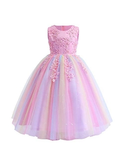 Flowers Girls Tulle Lace Wedding Party Dress for Kids Communion Formal Birthday Princess Pageant Prom Maxi Gown