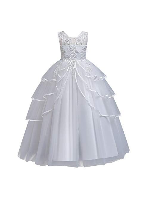 IBTOM CASTLE Flowers Girls Tulle Lace Wedding Party Dress for Kids Communion Formal Birthday Princess Pageant Prom Maxi Gown