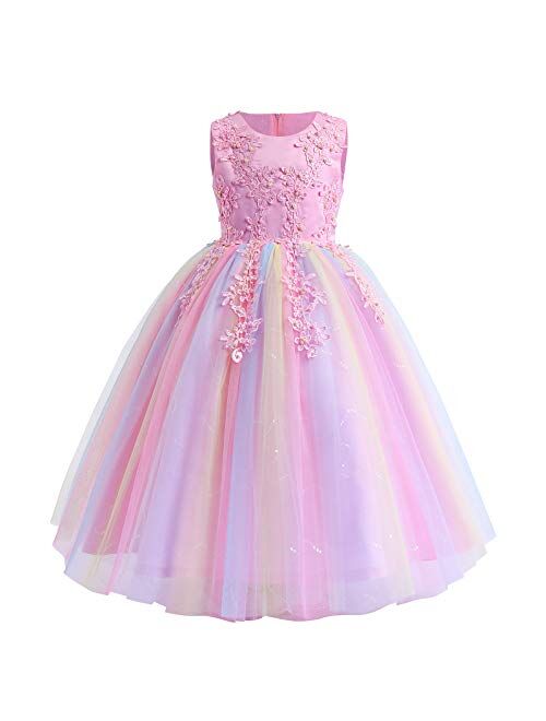 IBTOM CASTLE Flowers Girls Tulle Lace Wedding Party Dress for Kids Communion Formal Birthday Princess Pageant Prom Maxi Gown