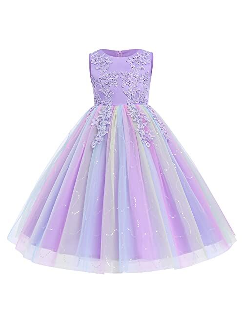 IBTOM CASTLE Flowers Girls Tulle Lace Wedding Party Dress for Kids Communion Formal Birthday Princess Pageant Prom Maxi Gown