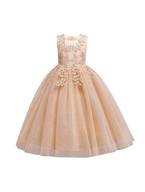 IBTOM CASTLE Flowers Girls Tulle Lace Wedding Party Dress for Kids Communion Formal Birthday Princess Pageant Prom Maxi Gown