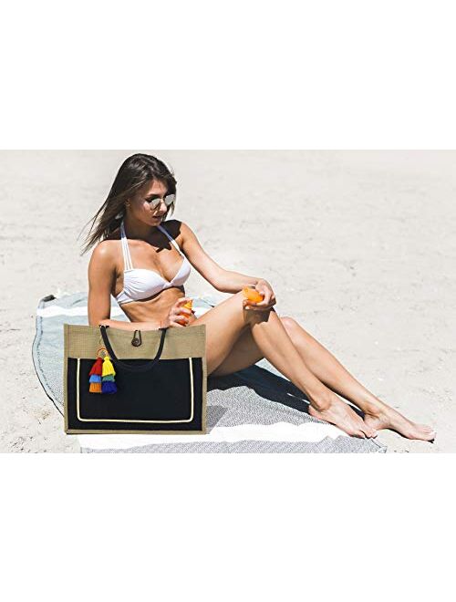 Hibala Woven Large Beach Bag Straw Bag Beach Tote Handmade Weaving Shoulder Bag Tassel Bag Handbag