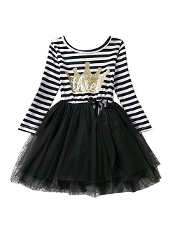 Baby Girls 1st/2nd/3rd Birthday Long Sleeve Princess Cake Smash Baptism Crown Tulle Party Dress Striped Outfit Tutu Gown