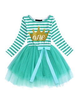 Baby Girls 1st/2nd/3rd Birthday Long Sleeve Princess Cake Smash Baptism Crown Tulle Party Dress Striped Outfit Tutu Gown