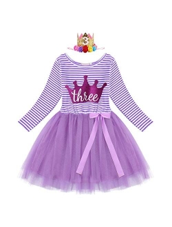 Baby Girls 1st/2nd/3rd Birthday Long Sleeve Princess Cake Smash Baptism Crown Tulle Party Dress Striped Outfit Tutu Gown