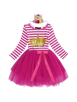 Baby Girls 1st/2nd/3rd Birthday Long Sleeve Princess Cake Smash Baptism Crown Tulle Party Dress Striped Outfit Tutu Gown