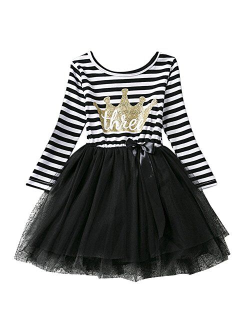 IBTOM CASTLE Baby Girls 1st/2nd/3rd Birthday Long Sleeve Princess Cake Smash Baptism Crown Tulle Party Dress Striped Outfit Tutu Gown