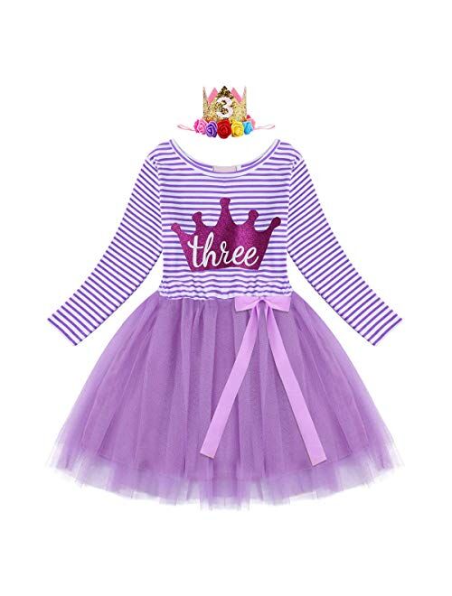 IBTOM CASTLE Baby Girls 1st/2nd/3rd Birthday Long Sleeve Princess Cake Smash Baptism Crown Tulle Party Dress Striped Outfit Tutu Gown