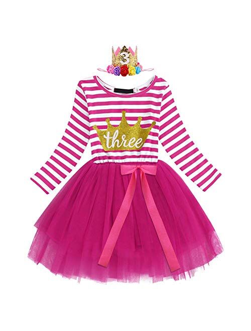 IBTOM CASTLE Baby Girls 1st/2nd/3rd Birthday Long Sleeve Princess Cake Smash Baptism Crown Tulle Party Dress Striped Outfit Tutu Gown